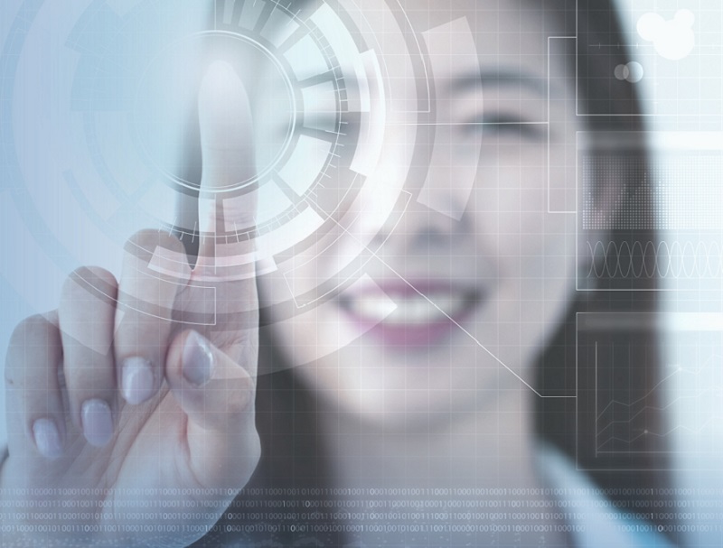 Woman touching computer screen with index finger for water academy webinars