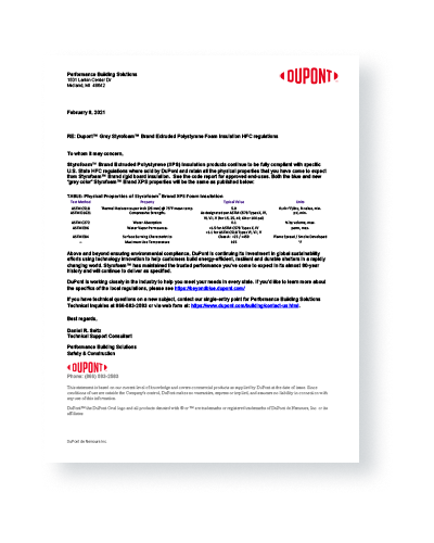 Styrofoam™ Brand XPS Compliance Letter