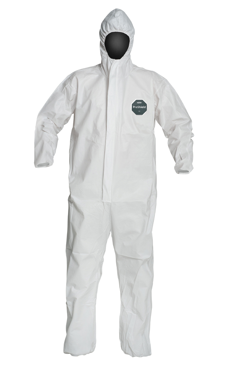Pack of 25 DuPont ProShield 50 NB127S Protective Coverall with Respirator Fit Hood and Serged Seams White Large NB127SWHLG002500