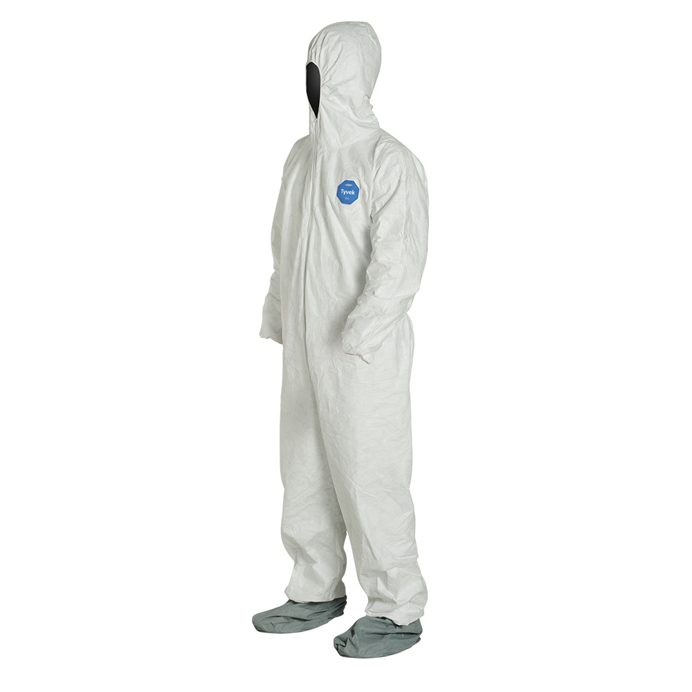 Bootie & Hood White Tyvek Coverall Suit DuPont TY122S Disposable Elastic Wrist Size: Large InPrimeTime Exclusive with IPT Protective Gloves 